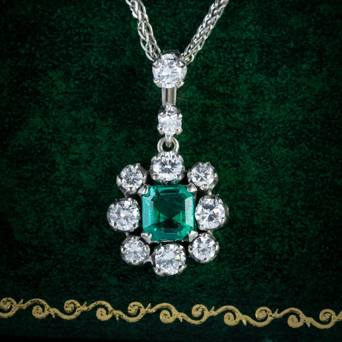 Vintage Emerald Diamond Pendant Necklace 9Ct White Gold Chain Dated 1963