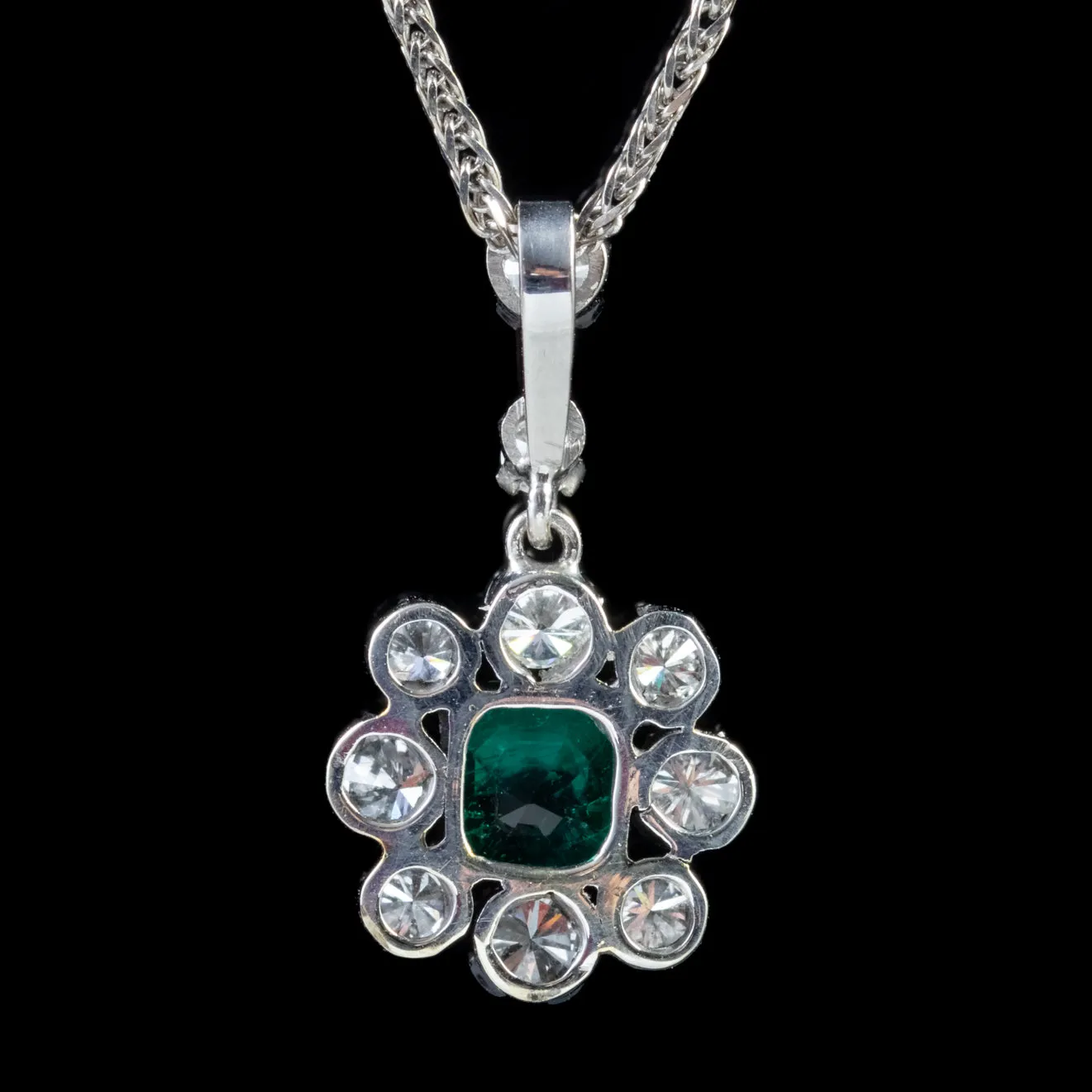 Vintage Emerald Diamond Pendant Necklace 9Ct White Gold Chain Dated 1963