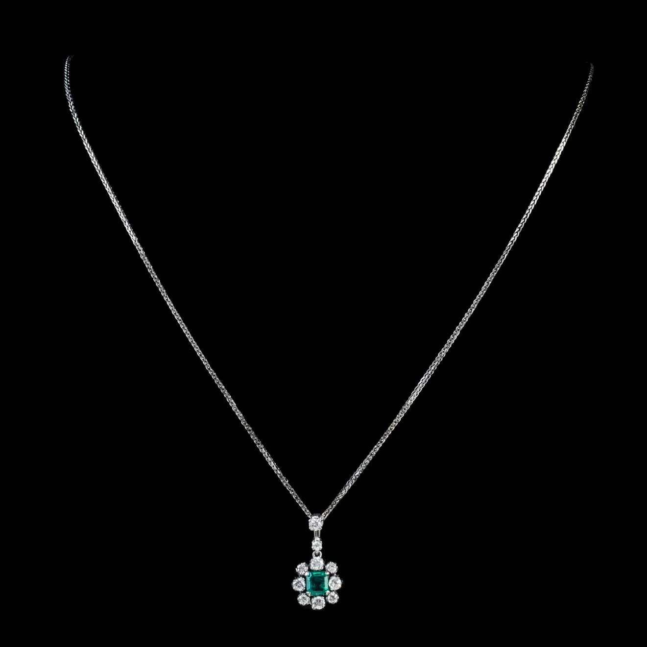 Vintage Emerald Diamond Pendant Necklace 9Ct White Gold Chain Dated 1963