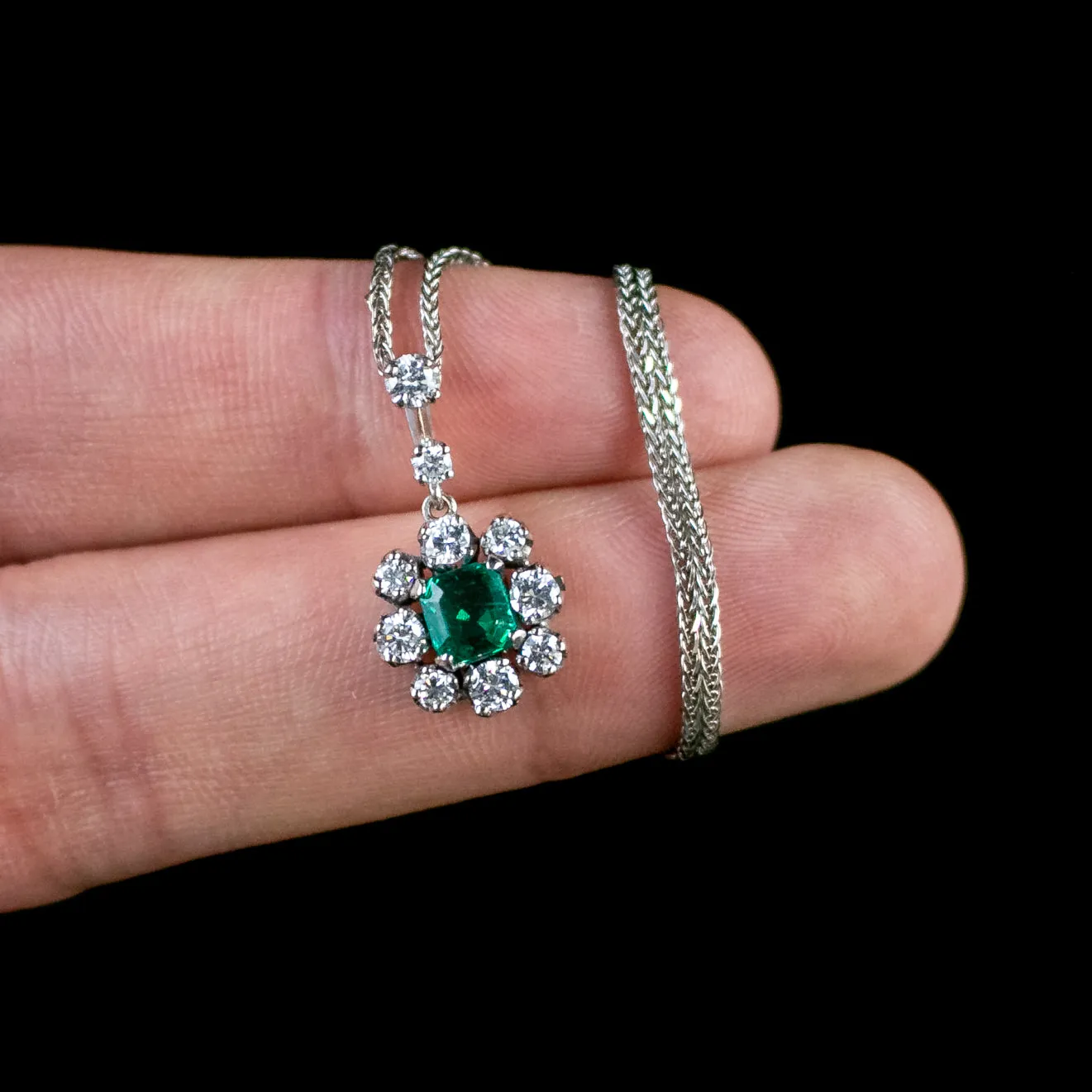 Vintage Emerald Diamond Pendant Necklace 9Ct White Gold Chain Dated 1963