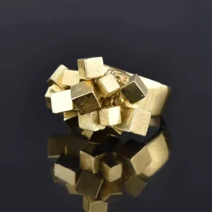 Vintage Heavy 14K Gold Dangle Charm Ring, Square Cubes