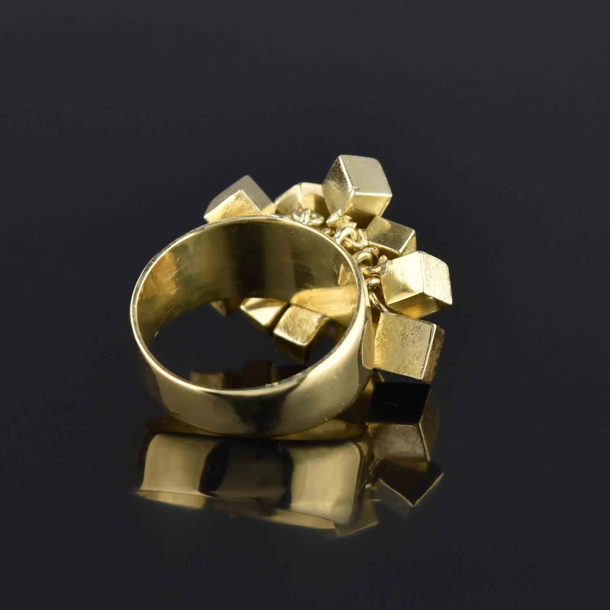 Vintage Heavy 14K Gold Dangle Charm Ring, Square Cubes