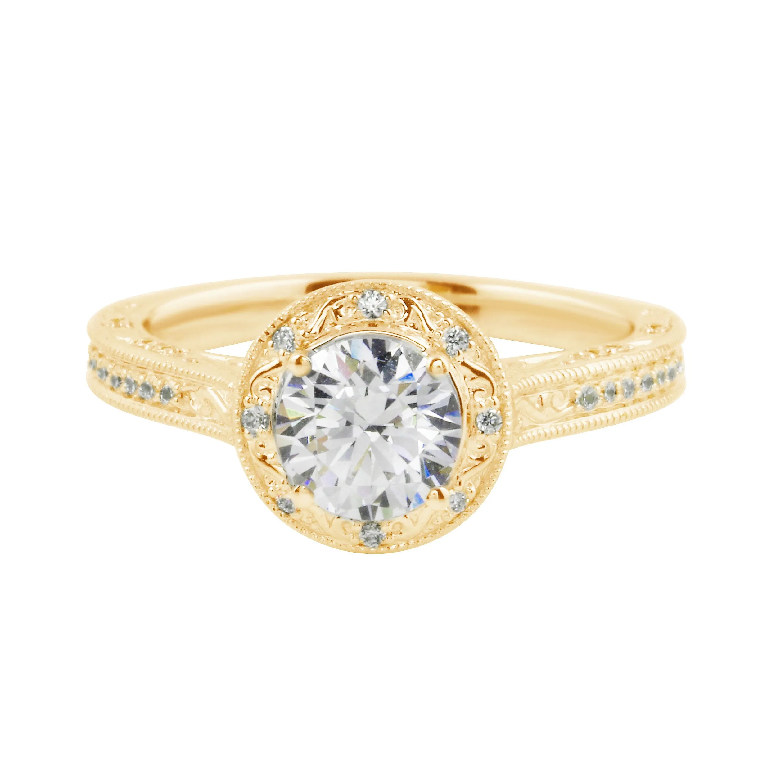 Vintage-Inspired Round Brilliant Cut Diamond Etched Halo Engagement Ring