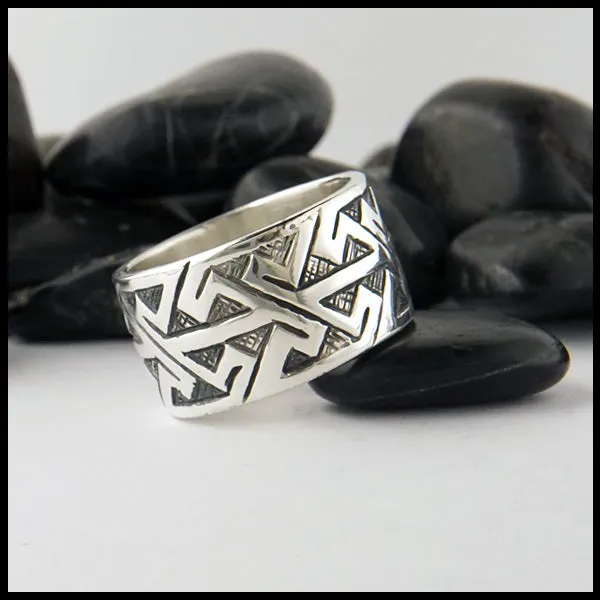 Wide Pictish Key Pattern Ring in Sterling Silver