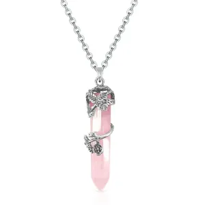 Women Quartz Stone Crystal Necklaces Spiritual Crystal Necklaces Antique Silver Flower Wrapped Natural Rose Quartz Healing Gifts