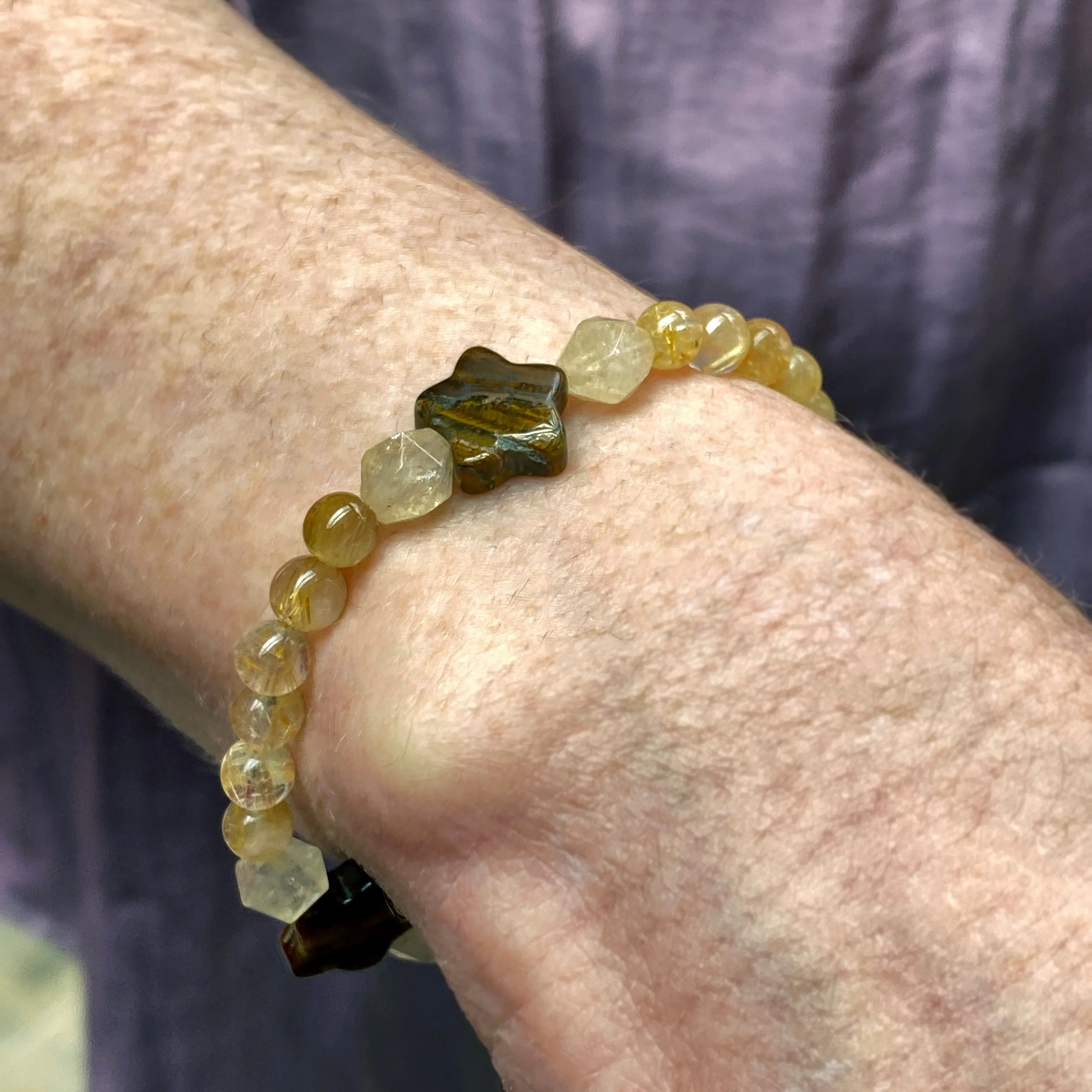 Women's Tiger Eye star, Rutilated Gold & Citrine stretch bracelet