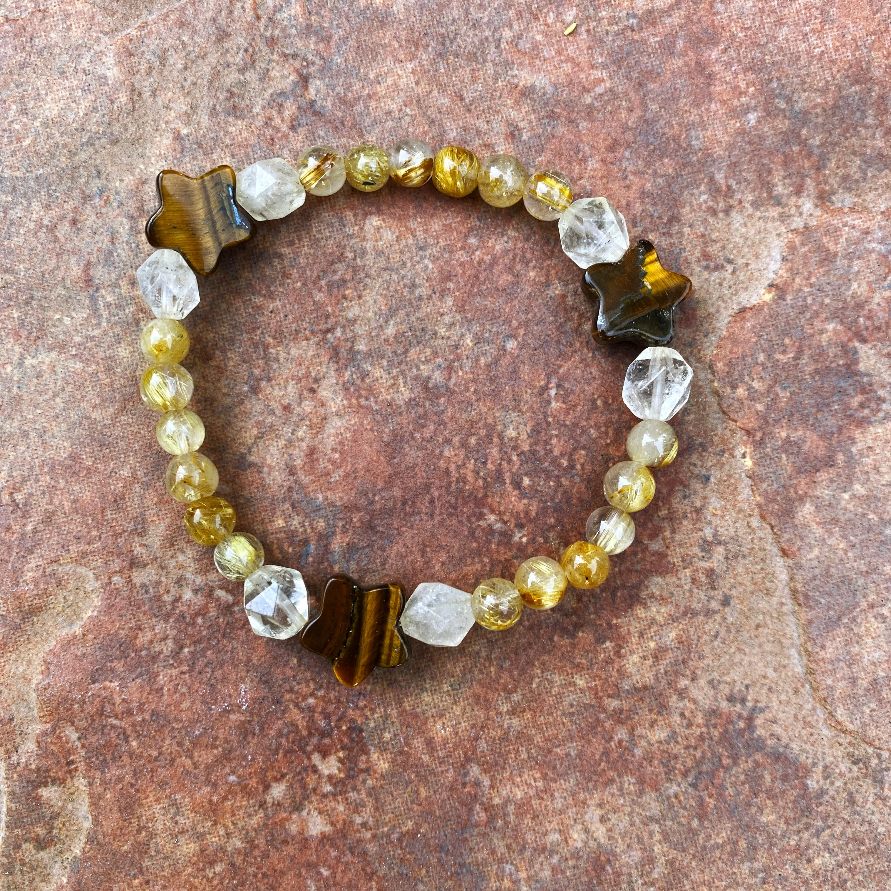 Women's Tiger Eye star, Rutilated Gold & Citrine stretch bracelet